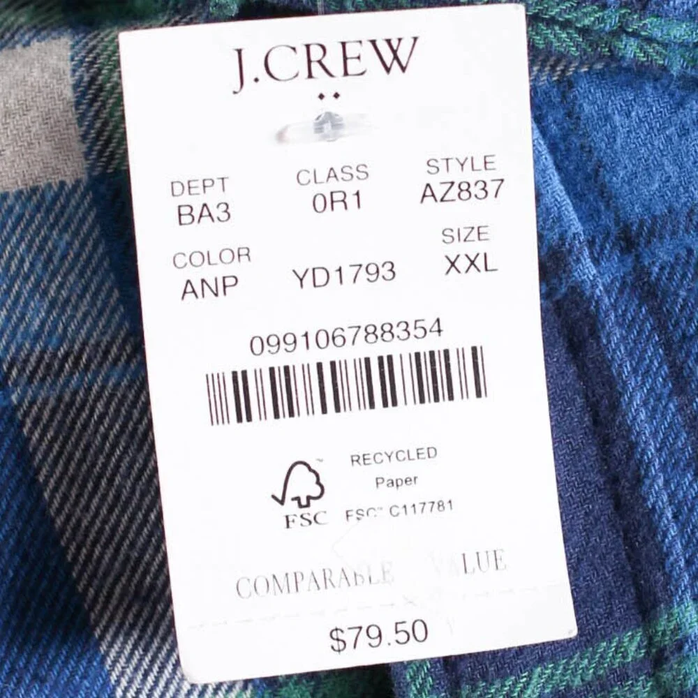 J. Crew Men's Midweight Flannel Shirt in Antique Navy Plaid - NWT - XXL